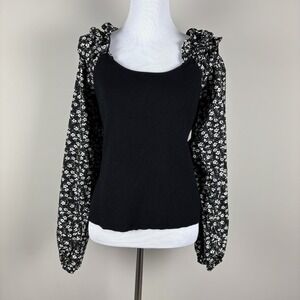 By Anthropologie Top Womens XL Black‎ Floral Woven Ruffle-Sleeve Sweater Ribbed